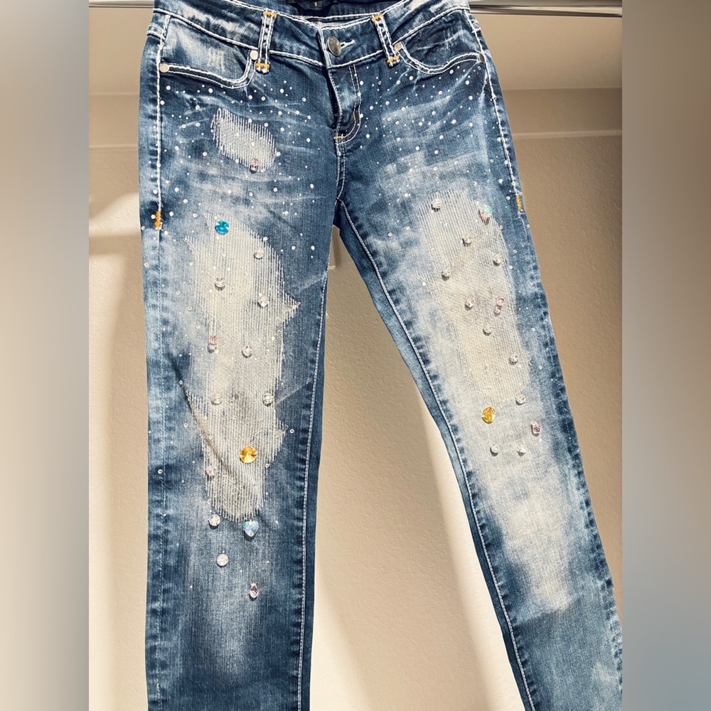 Y2K Embellished Crystal Sparkles Distressed Skinny Jeans w/ Rhinestones size24